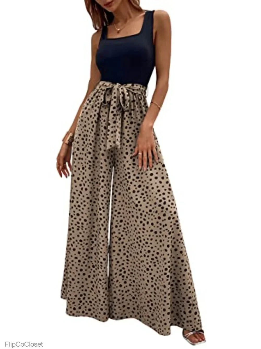 Polyester Spandex Square Neck Sleeveless Wide Leg Tank Jumpsuit with Belt